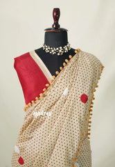 White with Sandal - Isha - Chanderi Cotton Saree Half and Half Design with Pompoms - Best for Casual Wear