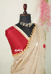 White with Sandal - Isha - Chanderi Cotton Saree Half and Half Design with Pompoms - Best for Casual Wear