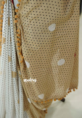 White with Sandal - Isha - Chanderi Cotton Saree Half and Half Design with Pompoms - Best for Casual Wear