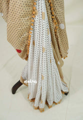 White with Sandal - Isha - Chanderi Cotton Saree Half and Half Design with Pompoms - Best for Casual Wear
