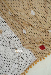 White with Sandal - Isha - Chanderi Cotton Saree Half and Half Design with Pompoms - Best for Casual Wear