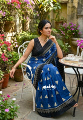 Cobalt Blue - Pure Cotton Saree with with Jaipur Prints - Perfect for Office Wear | Casual Wear