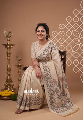 Muted Ivory Beige - Jasmine - Fancy Jute with Floral Border - Perfect for Office Wear | Casual Wear
