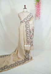 Muted Ivory Beige - Jasmine - Fancy Jute with Floral Border - Perfect for Office Wear | Casual Wear