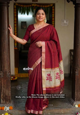 Majestic Maroon - Handmade jute tussar silk saree with handblock prints