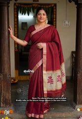 Majestic Maroon - Handmade jute tussar silk saree with handblock prints