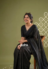 Black - Jute Tussar Silk Saree Kattam in Body with Plain Border