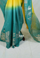 Lemon Yellow & Muted Teal - Premium Jute Silk with Gradient Tone And Floral Jamdani Weaving - Perfect for Night Functions | Tea party