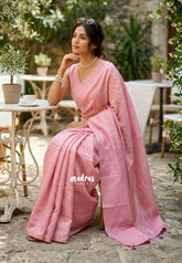 Misty Pink - Jute Tussar Silk Saree Kattam in Body with Plain Border - Perfect for Festive Wear