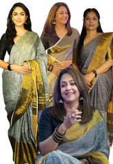 Organic linen Grey with gold saree - Jyothika - Mrunal Takur Grey saree - Madras Sarees