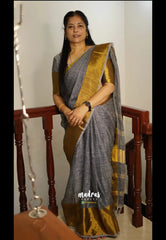 Organic linen Grey with gold saree - Jyothika - Mrunal Takur Grey saree - Madras Sarees