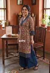 Reddish Maroon with Floral Prints - Aavani - Kalamkari Pure Cotton Readymade Kurti Set with Real Ajrakh Mirror Work - Perfect for Office Wear | Casual Days | Everyday wear