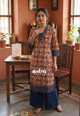 Dark Red with Flower Print - Aavani - Kalamkari Pure Cotton Readymade Kurti Set with Real Ajrakh Mirror Work - Perfect for Office Wear | Casual Days | Everyday wear