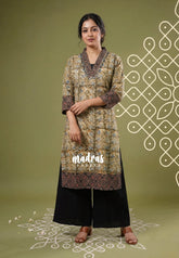 Olive Green with Multicolor - Aavani - Kalamkari Pure Cotton Readymade Kurti Set with Real Ajrakh Mirror Work - Perfect for Office Wear | Casual Days | Everyday wear