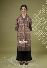 Maroon with Mango Prints - Aavani - Kalamkari Pure Cotton Readymade Kurti Set with Real Ajrakh Mirror Work - Perfect for Office Wear | Casual Days | Everyday wear