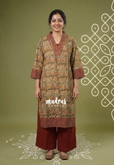 Olive Green with Mango Prints - Aavani - Kalamkari Pure Cotton Readymade Kurti Set with Real Ajrakh Mirror Work - Perfect for Office Wear | Casual Days | Everyday wear