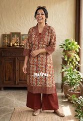 Brick Red with Multicolor - Aavani - Kalamkari Pure Cotton Readymade Kurti Set with Real Ajrakh Mirror Work - Perfect for Office Wear | Casual Days | Everyday wear