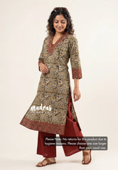 Olive Green with Leaf Print - Aavani - Kalamkari Pure Cotton Readymade Kurti Set with Real Ajrakh Mirror Work - Perfect for Office Wear | Casual Days | Everyday wear
