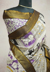 Purple checks - Kalamkari Chennuri Silk Saree with Nizam Zari Border traditional gods prints