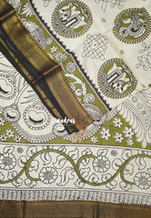 Ivory Beige with Olive Green - Handmade Kalamkari Silk Saree Kolam and Yaanai with Nizam Zari Border - Best for Small Function | Office Wear