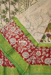 Sandal Beige - Handmade Kalamkari Silk Saree Dual Style Zari Border - Best for Small Function | Office Wear