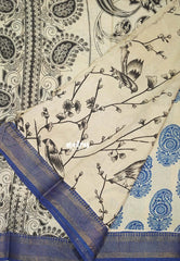 Ivory Beige with Blue - Handmade Kalamkari Silk Saree with Big buttas Nizam Zari Border - Best for Small Function | Office Wear