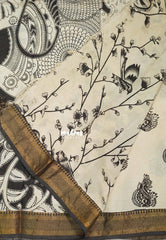 Ivory Beige with Black - Handmade Kalamkari Silk Saree with Nizam Zari Border Floral Prints - Best for Small Function | Office Wear