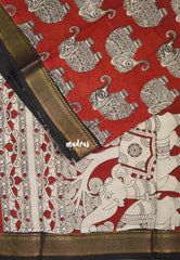 Dark Brick Red - Handmade Kalamkari Silk Saree with Holy Elephant with Nizam Zari Border - Best for Small Function | Office Wear