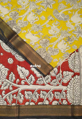 Greenish Yellow - Handmade Kalamkari Silk Saree Forest Depiction with Nizam Zari Border - Best for Small Function | Office Wear