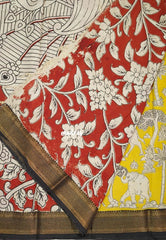 Greenish Yellow - Handmade Kalamkari Silk Saree Forest Depiction with Nizam Zari Border - Best for Small Function | Office Wear