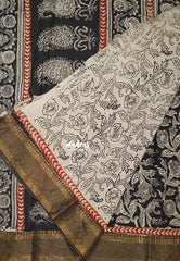 Jet Black - Handmade Kalamkari Silk Saree with Nizam Zari Border Floral Prints - Best for Small Function | Office Wear