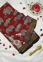 Dark Brick Red - Handmade Kalamkari Silk Saree with Holy Elephant with Nizam Zari Border - Best for Small Function | Office Wear