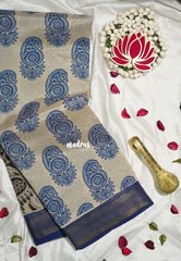 Ivory Beige with Blue - Handmade Kalamkari Silk Saree with Big buttas Nizam Zari Border - Best for Small Function | Office Wear
