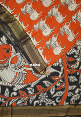 Brick Orange - Handmade Kalamkari Silk Saree with Pichwai cow Nizam Zari Border - Best for Small Function | Office Wear