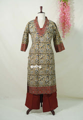 Olive Green with Leaf Print - Aavani - Kalamkari Pure Cotton Readymade Kurti Set with Real Ajrakh Mirror Work - Perfect for Office Wear | Casual Days | Everyday wear