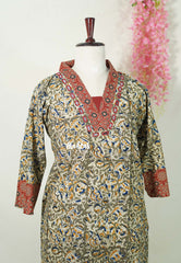 Olive Green with Multicolor - Aavani - Kalamkari Pure Cotton Readymade Kurti Set with Real Ajrakh Mirror Work - Perfect for Office Wear | Casual Days | Everyday wear