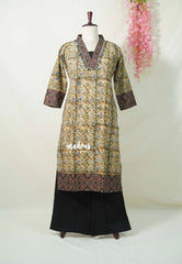 Olive Green with Multicolor - Aavani - Kalamkari Pure Cotton Readymade Kurti Set with Real Ajrakh Mirror Work - Perfect for Office Wear | Casual Days | Everyday wear