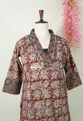 Maroon with Mango Prints - Aavani - Kalamkari Pure Cotton Readymade Kurti Set with Real Ajrakh Mirror Work - Perfect for Office Wear | Casual Days | Everyday wear