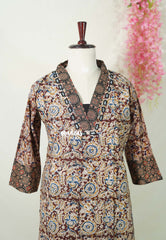Maroon with Leaf Prints - Aavani - Kalamkari Pure Cotton Readymade Kurti Set with Real Ajrakh Mirror Work - Perfect for Office Wear | Casual Days | Everyday wear