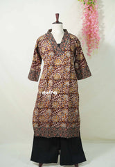 Maroon with Floral Prints - Aavani - Kalamkari Pure Cotton Readymade Kurti Set with Real Ajrakh Mirror Work - Perfect for Office Wear | Casual Days | Everyday wear