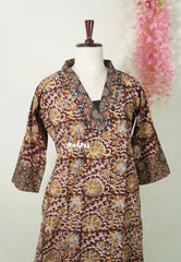 Maroon with Floral Prints - Aavani - Kalamkari Pure Cotton Readymade Kurti Set with Real Ajrakh Mirror Work - Perfect for Office Wear | Casual Days | Everyday wear