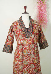 Dark Red with Flower Print - Aavani - Kalamkari Pure Cotton Readymade Kurti Set with Real Ajrakh Mirror Work - Perfect for Office Wear | Casual Days | Everyday wear