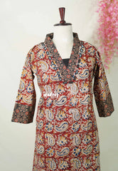 Dark Red with Mango Prints - Aavani - Kalamkari Pure Cotton Readymade Kurti Set with Real Ajrakh Mirror Work - Perfect for Office Wear | Casual Days | Everyday wear