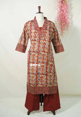 Brick Red with Multicolor - Aavani - Kalamkari Pure Cotton Readymade Kurti Set with Real Ajrakh Mirror Work - Perfect for Office Wear | Casual Days | Everyday wear