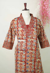 Brick Red with Multicolor - Aavani - Kalamkari Pure Cotton Readymade Kurti Set with Real Ajrakh Mirror Work - Perfect for Office Wear | Casual Days | Everyday wear