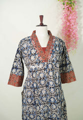 Nightfall Black with Floral Prints - Aavani - Kalamkari Pure Cotton Readymade Kurti Set with Real Ajrakh Mirror Work - Perfect for Office Wear | Casual Days | Everyday wear