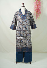 Ebony Black with Mango Prints - Aavani - Kalamkari Pure Cotton Readymade Kurti Set with Real Ajrakh Mirror Work - Perfect for Office Wear | Casual Days | Everyday wear