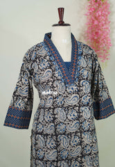 Ebony Black with Mango Prints - Aavani - Kalamkari Pure Cotton Readymade Kurti Set with Real Ajrakh Mirror Work - Perfect for Office Wear | Casual Days | Everyday wear