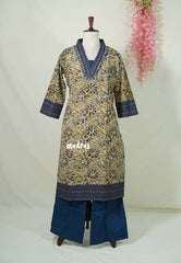 Olive Green with Flower Prints - Aavani - Kalamkari Pure Cotton Readymade Kurti Set with Real Ajrakh Mirror Work - Perfect for Office Wear | Casual Days | Everyday wear