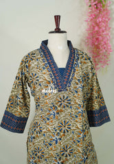 Olive Green with Flower Prints - Aavani - Kalamkari Pure Cotton Readymade Kurti Set with Real Ajrakh Mirror Work - Perfect for Office Wear | Casual Days | Everyday wear